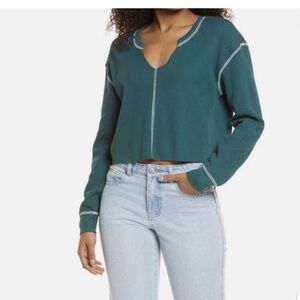 B.P. Split Neck Thermal Crop Top Womens Small Green Waffle Organic Cotton Mix